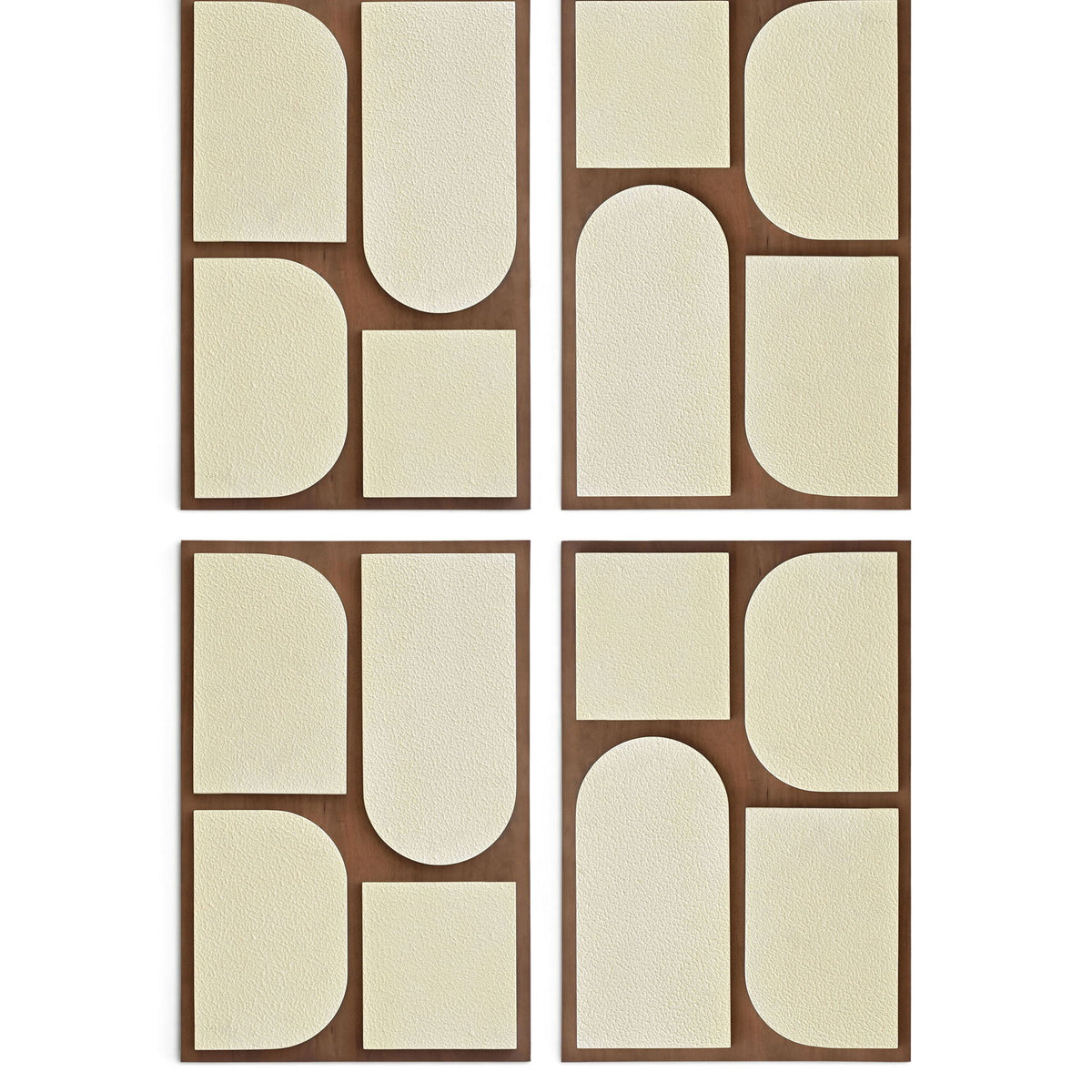 Set of 4 wood wall art panels with dark brown frame and light neutral abstract shapes