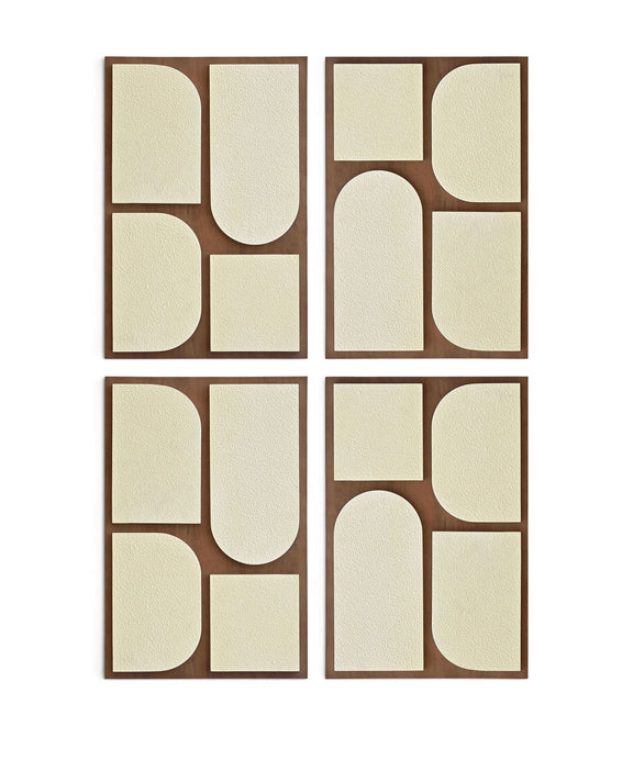 Set of 4 wood wall art panels with dark brown frame and light neutral abstract shapes