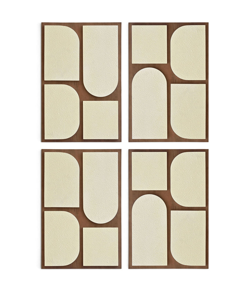 Set of 4 wood wall art panels with dark brown frame and light neutral abstract shapes