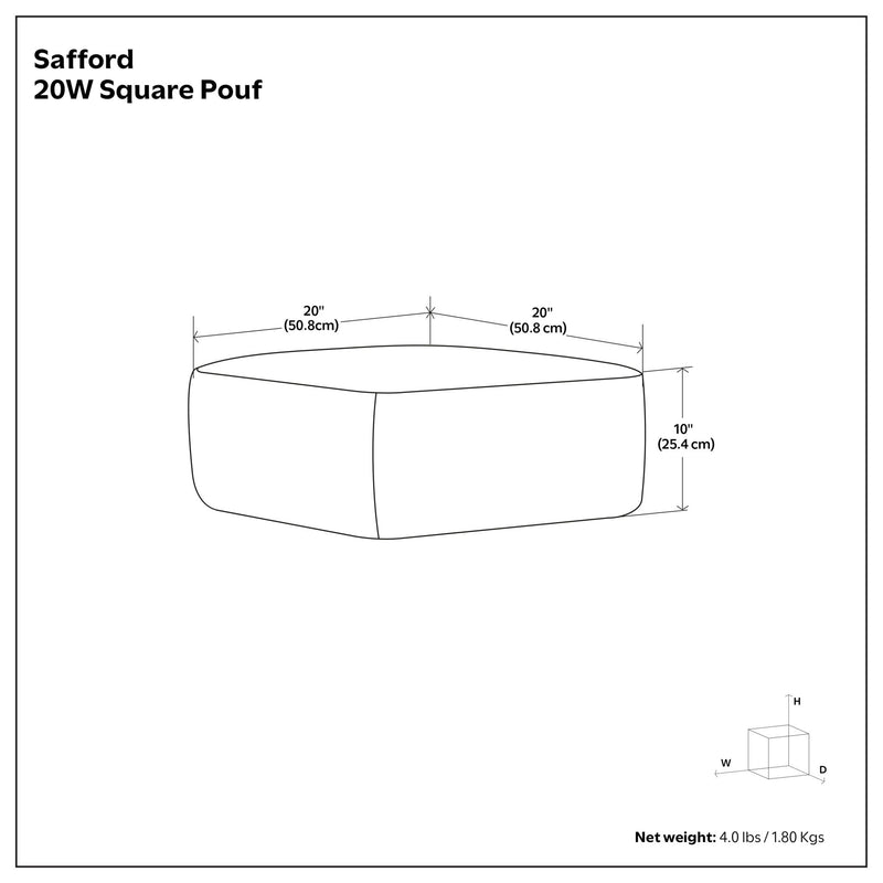 Square pouf dimension diagram showing 20-inch width and depth, 10-inch height
