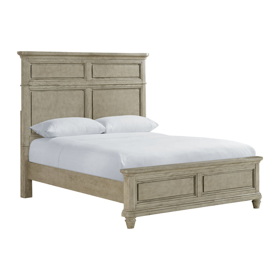 Light gray panel bed frame with upholstered white bedding