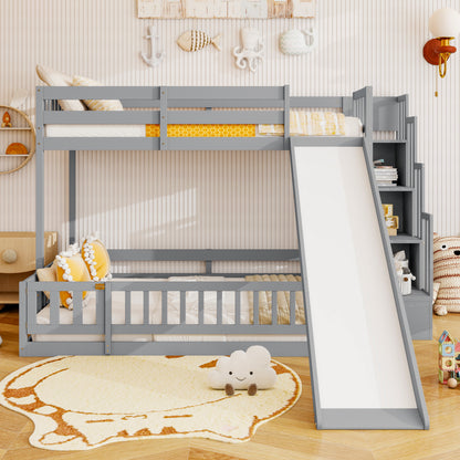 Twin Over Full Bunk Bed with Slide, Storage Staircase, Pine Solid Wooden Bunk Bed with Safety Guardrails, Grey