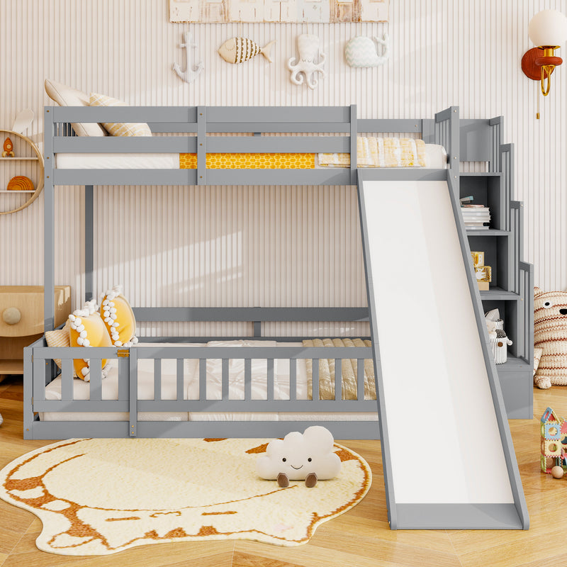 Twin Over Full Bunk Bed with Slide, Storage Staircase, Pine Solid Wooden Bunk Bed with Safety Guardrails, Grey