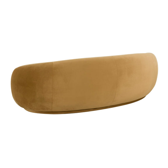 Velvet sofa in warm dark brown with rounded back and smooth curved silhouette