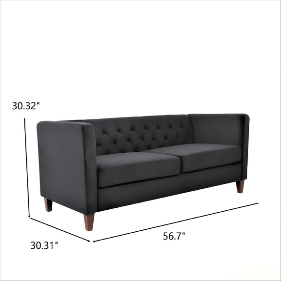 Black button-tufted 2-seat loveseat with square arms and dark legs