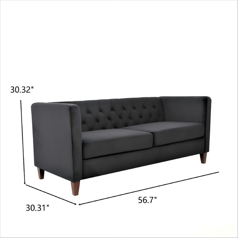 Black button-tufted 2-seat loveseat with square arms and dark legs