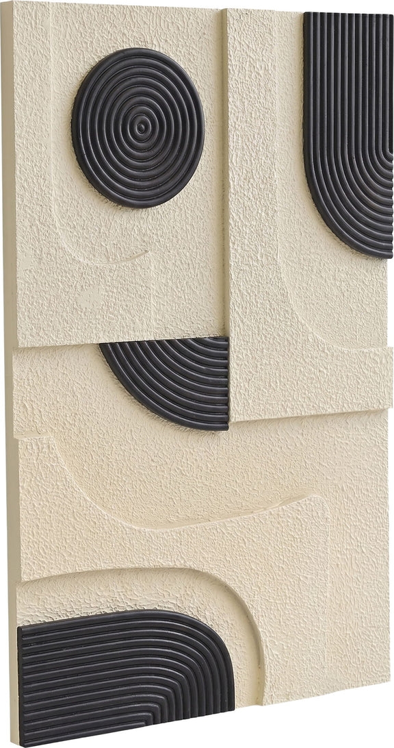 Mango wood wall decor panel featuring black circular spiral, curved arcs, and textured frame