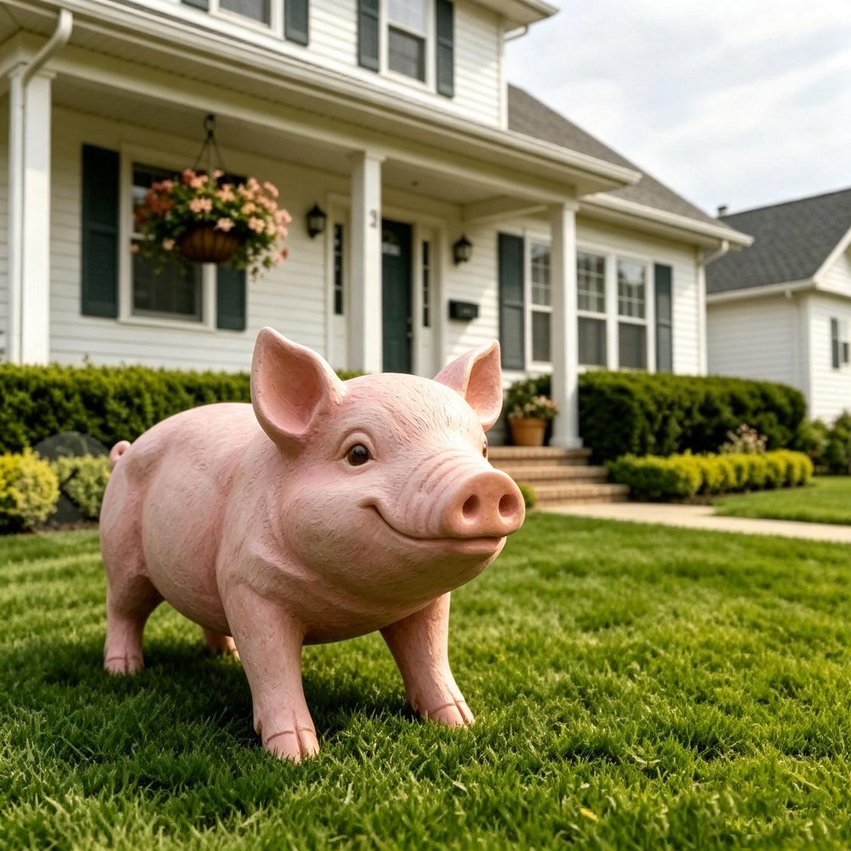 Baby pink pig lawn ornament figurine standing on grass, front three-quarter view.