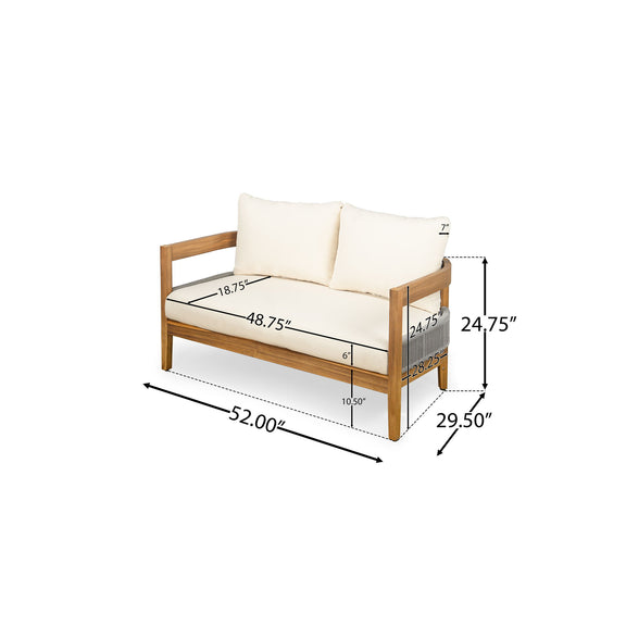 Outdoor loveseat with beige cushions and teak frame; side view with size measurements