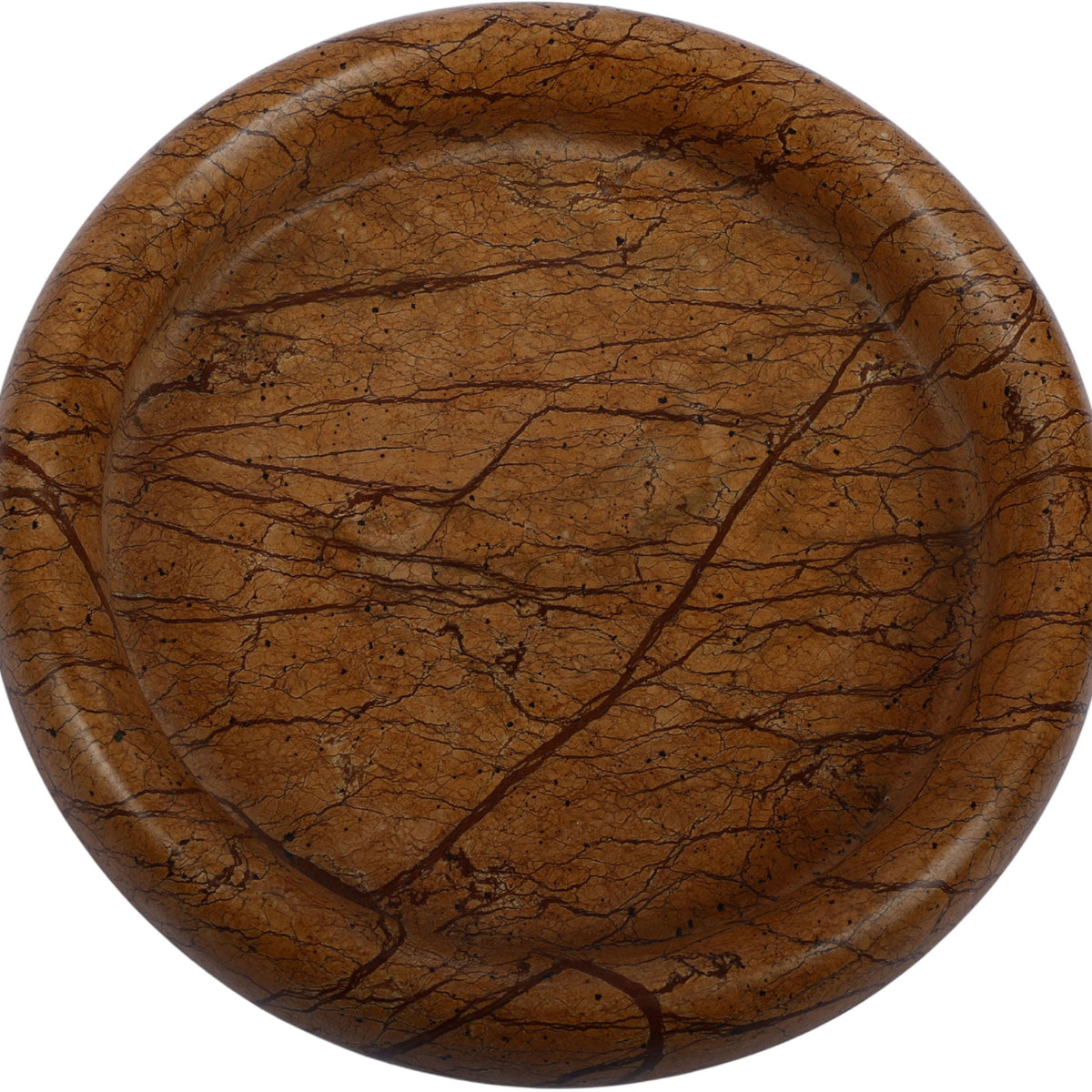 Brown marble round tray close-up with bold crackle veining and smooth rim.
