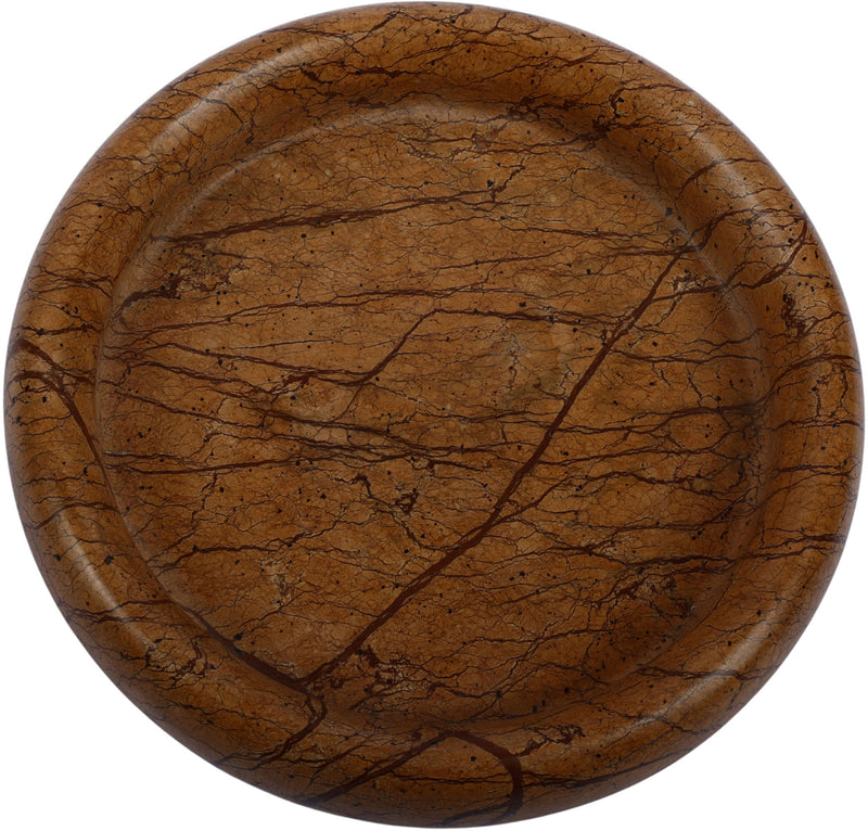 Brown marble round tray close-up with bold crackle veining and smooth rim.