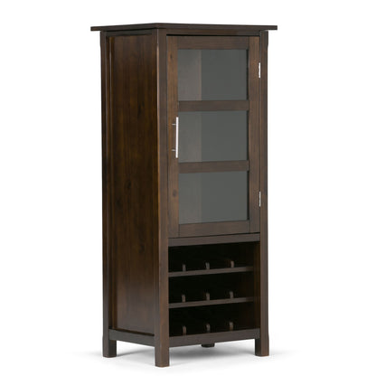 Dark brown wine rack cabinet with glass-pane door and open bottle racks