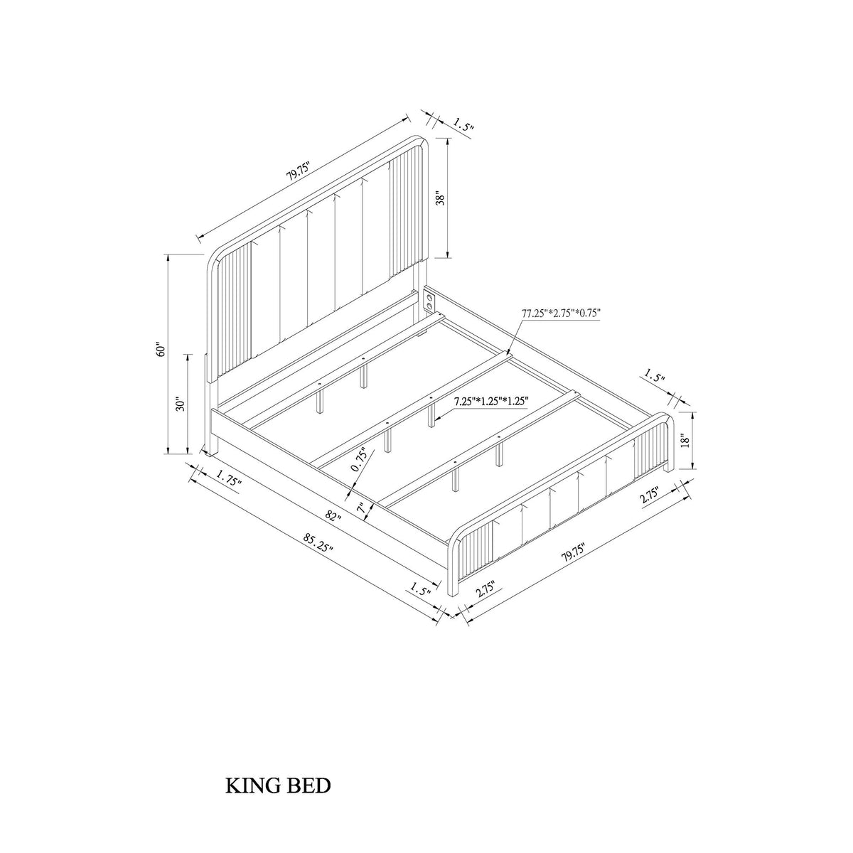King bed frame layout diagram with fluted headboard and base rails.