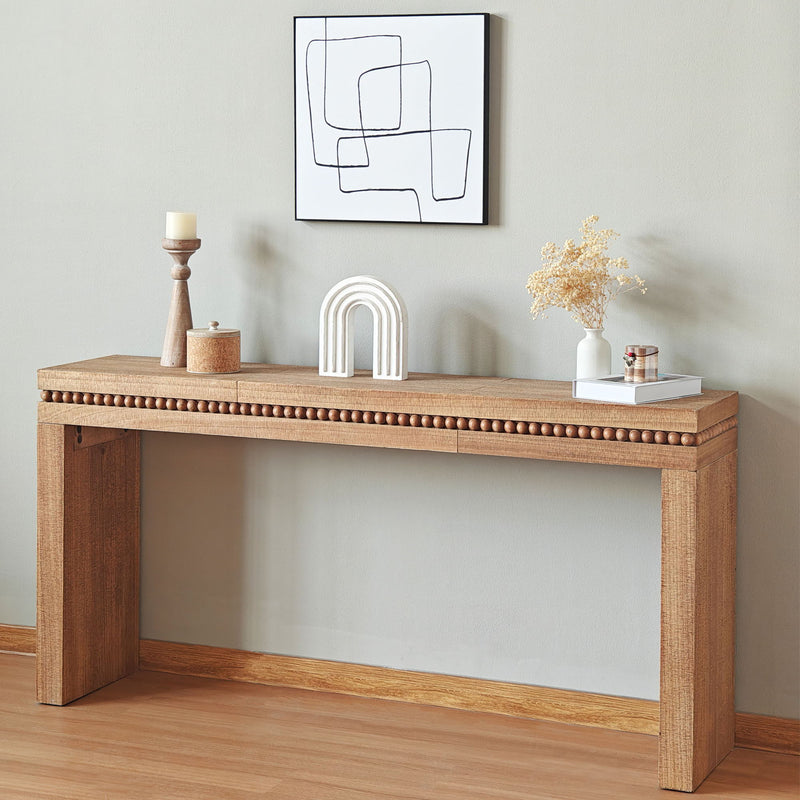 Rectangular light brown wood console table with beaded trim and open shelf