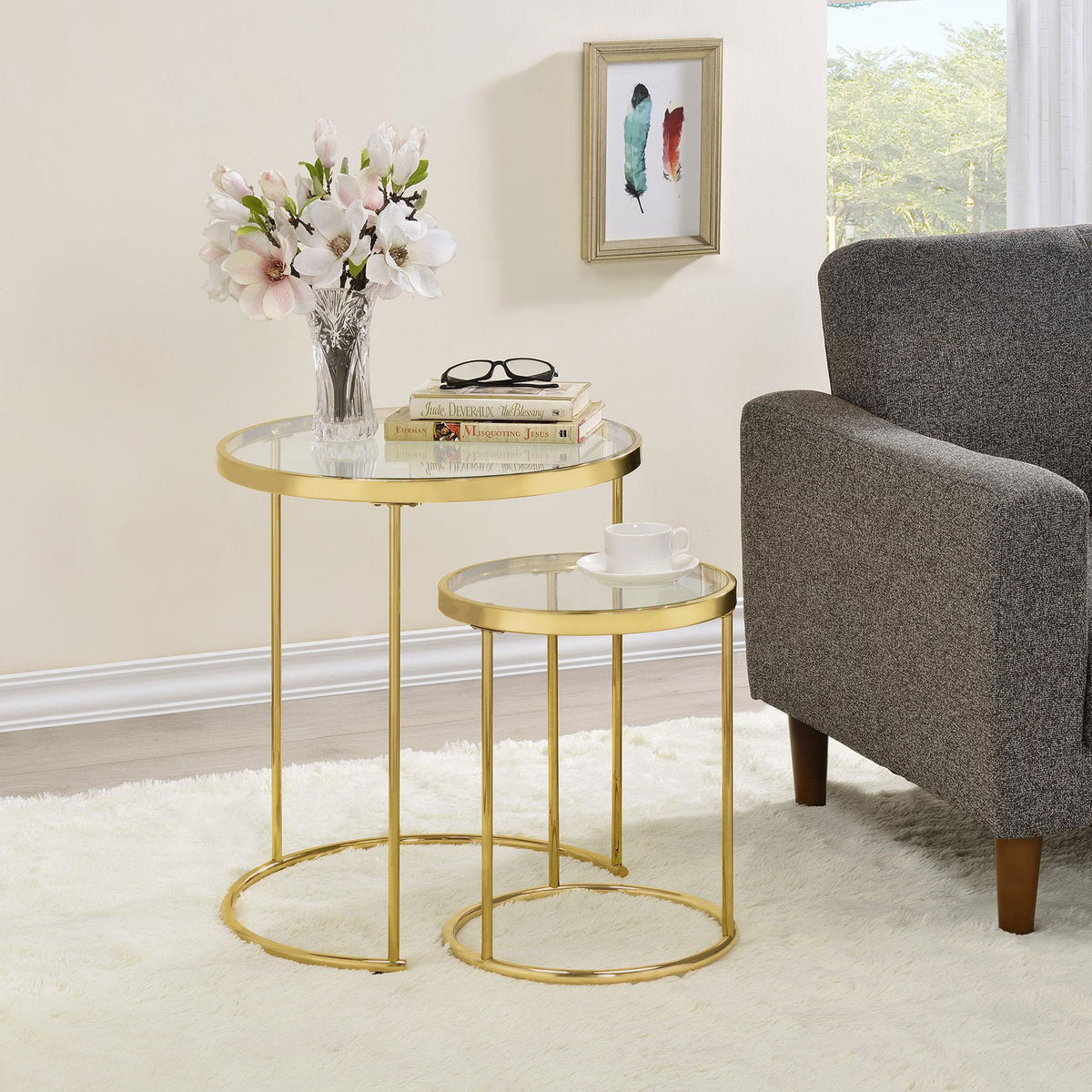Maylin 2-piece Round Glass Top Nesting Table Set Gold