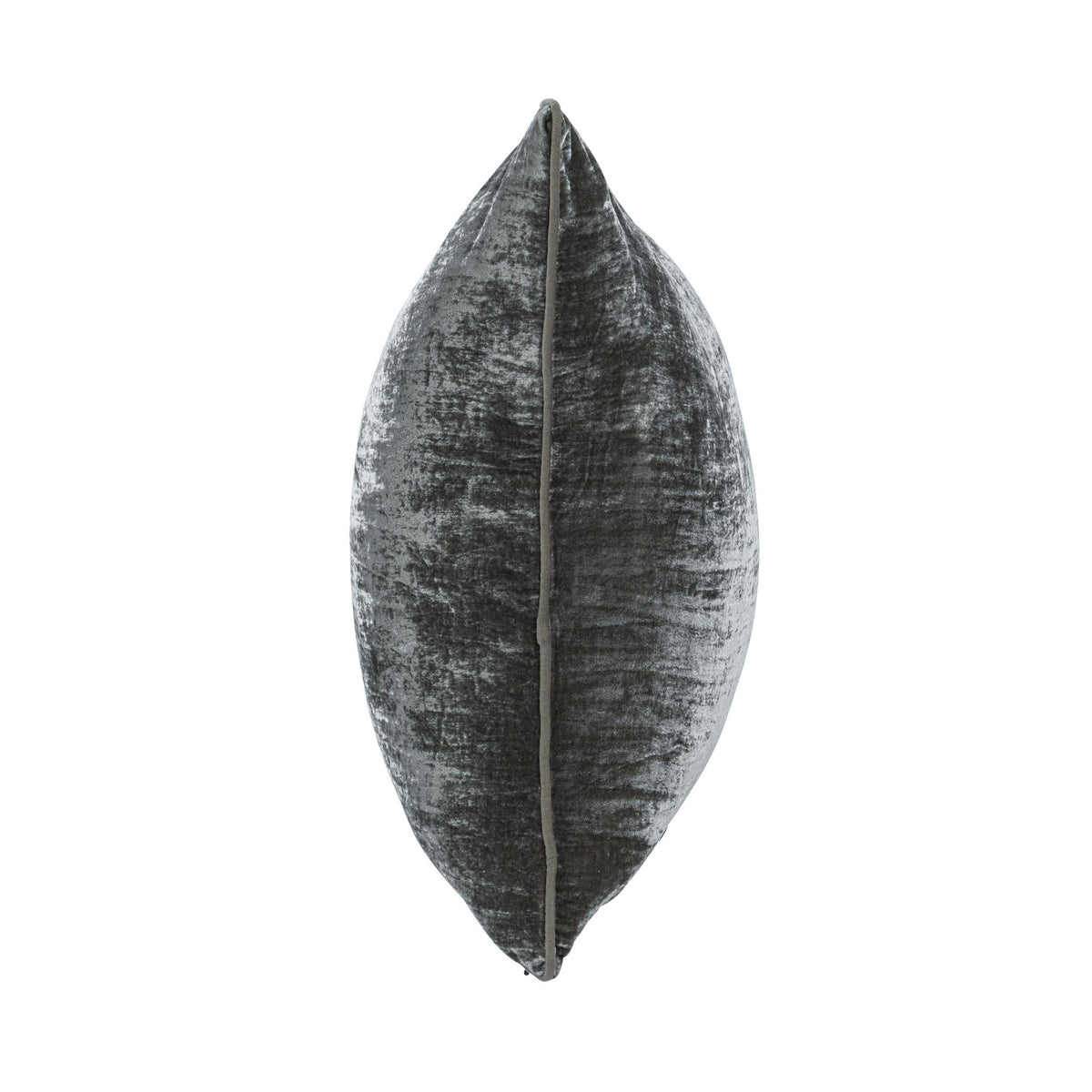 Dark gray lumbar pillow side view with distressed texture and stitched edges