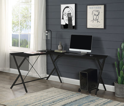 Black computer desk with crossed X-frame legs and rectangular desktop