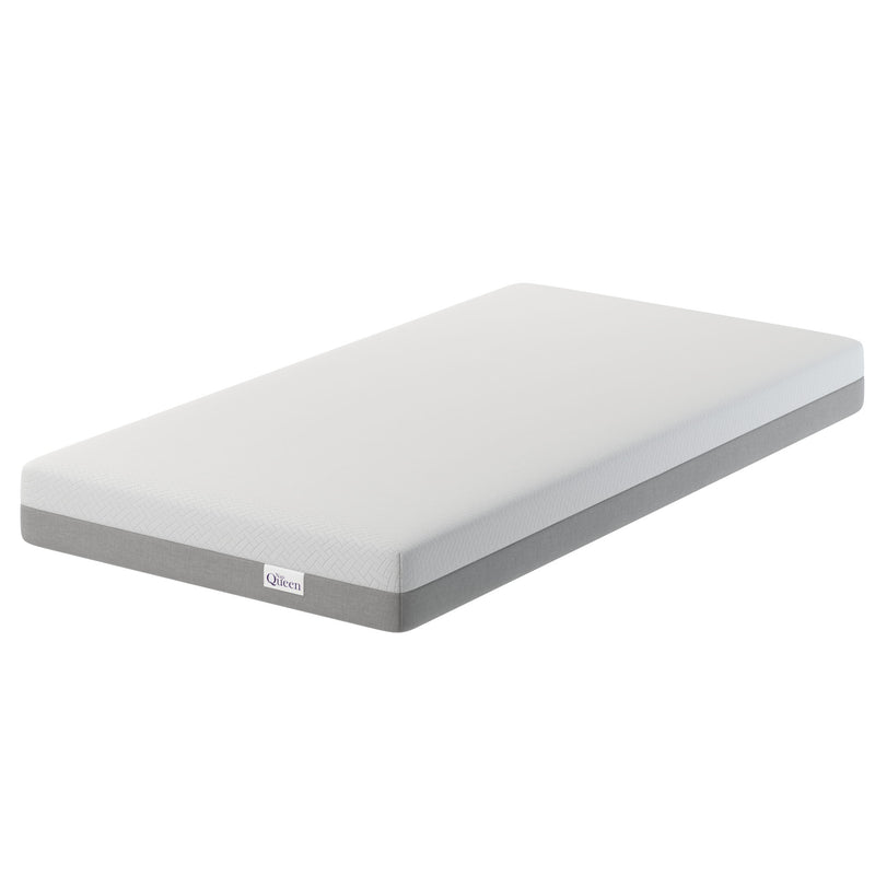 6-inch memory foam mattress with breathable white cover and gray side base