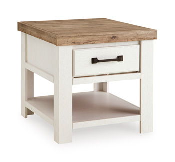 Rectangular white side table with warm wood top, one drawer, and open shelf