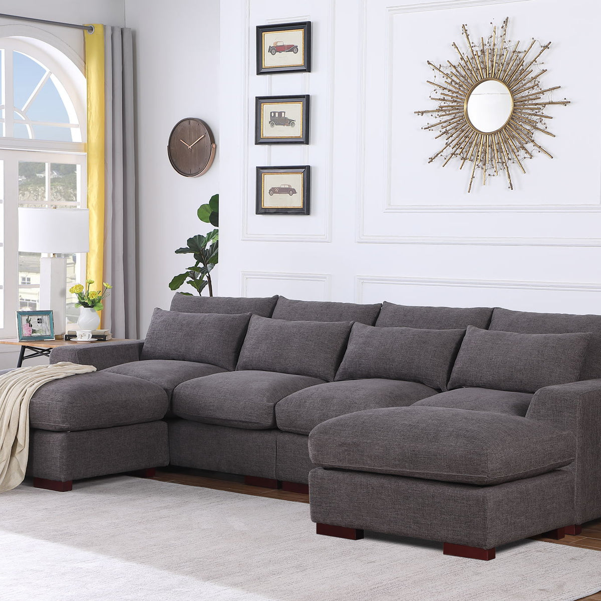 Tatman - Linen Blend Sectional With 2 Ottomans - Dark Gray