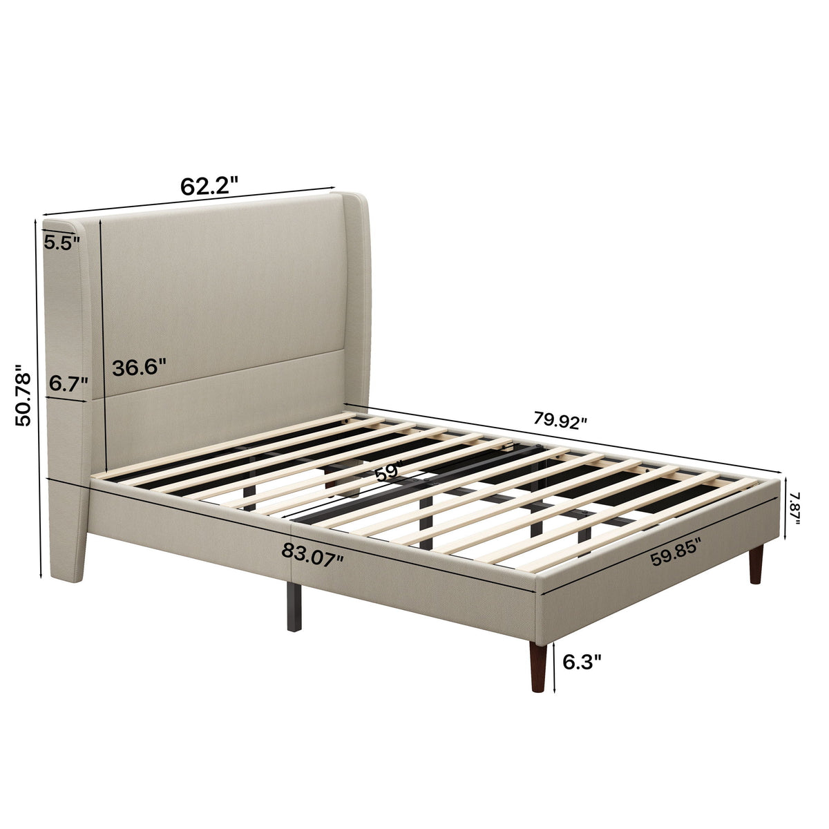 Beige upholstered bed with tall headboard and slatted base, shown with dimensions