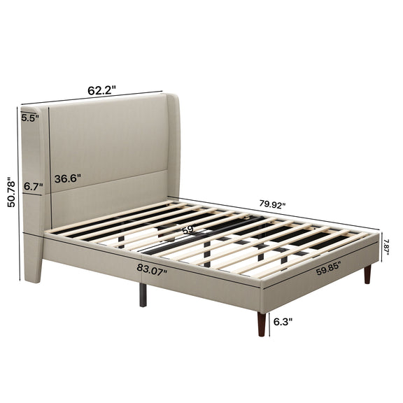 Beige upholstered bed with tall headboard and slatted base, shown with dimensions