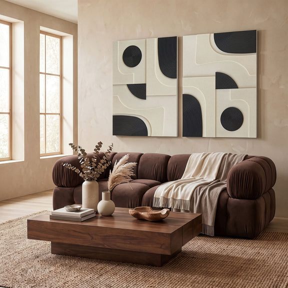 Two-piece wall art set featuring cream and black panels with dark spiral wood circles