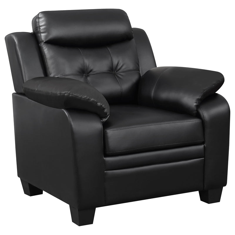 Black upholstered accent chair with padded arms, tufted back, and cushioned seat