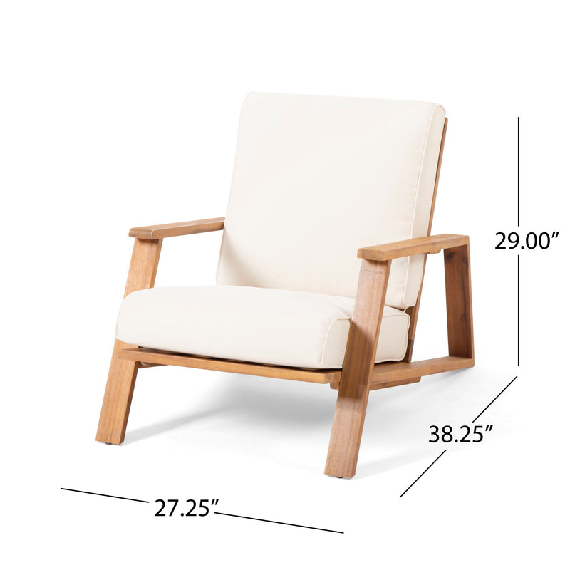 Beige outdoor club chair with padded seat and back on light wood armrests