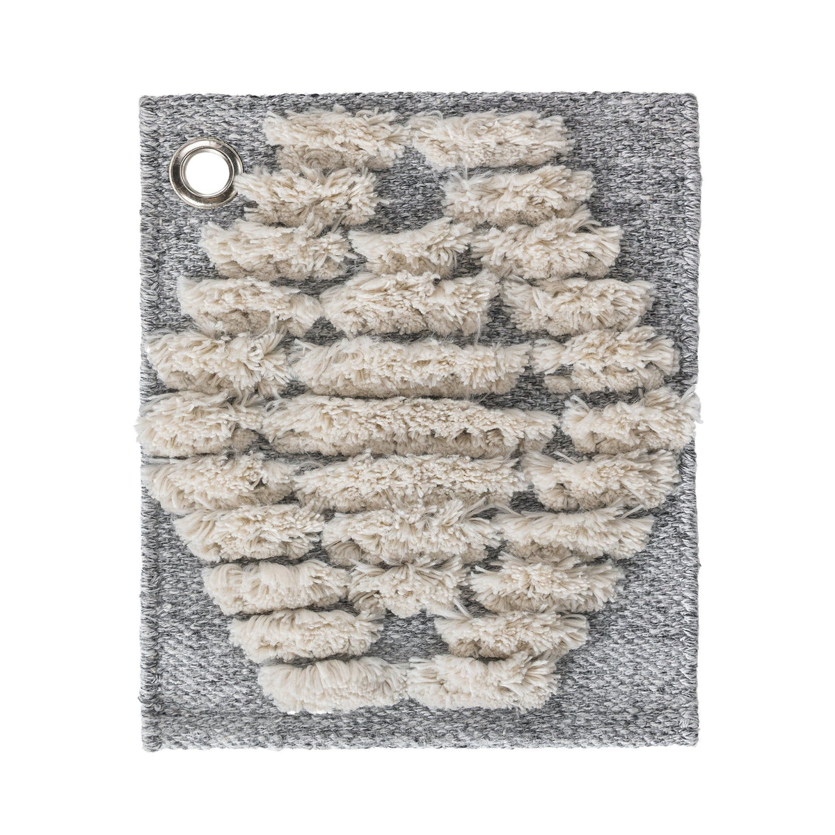 Granite gray indoor/outdoor rug with light cream diamond pattern and corner grommet