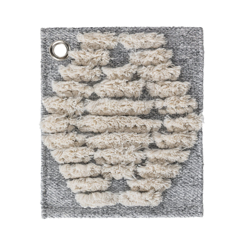 Granite gray indoor/outdoor rug with light cream diamond pattern and corner grommet