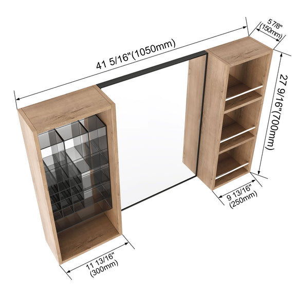 Wall-mounted bathroom cabinet in imitation oak, open design with side shelves and door