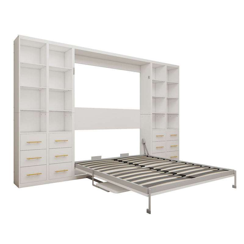 White vertical Murphy wall bed with open storage shelves and striped slat mattress base