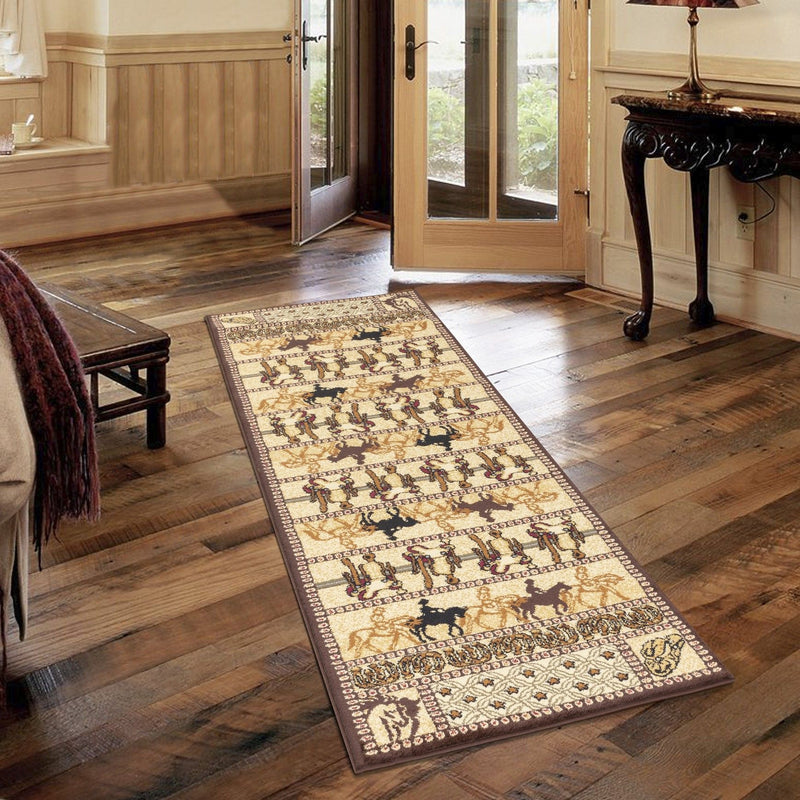 Southwest area rug with beige field and dark animal motif border