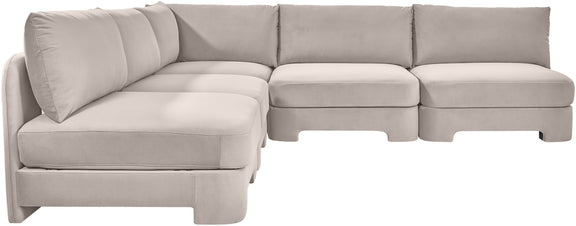 Light gray velvet 5-piece armless sectional sofa, side view with chaise-style seats