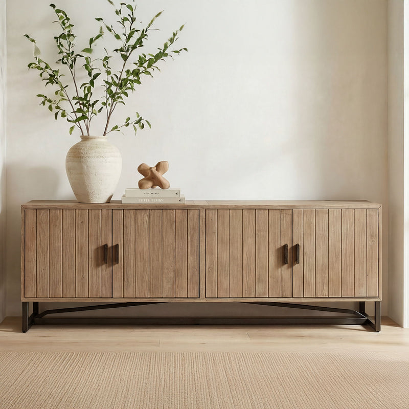 Natural wood media console with four doors and black metal legs