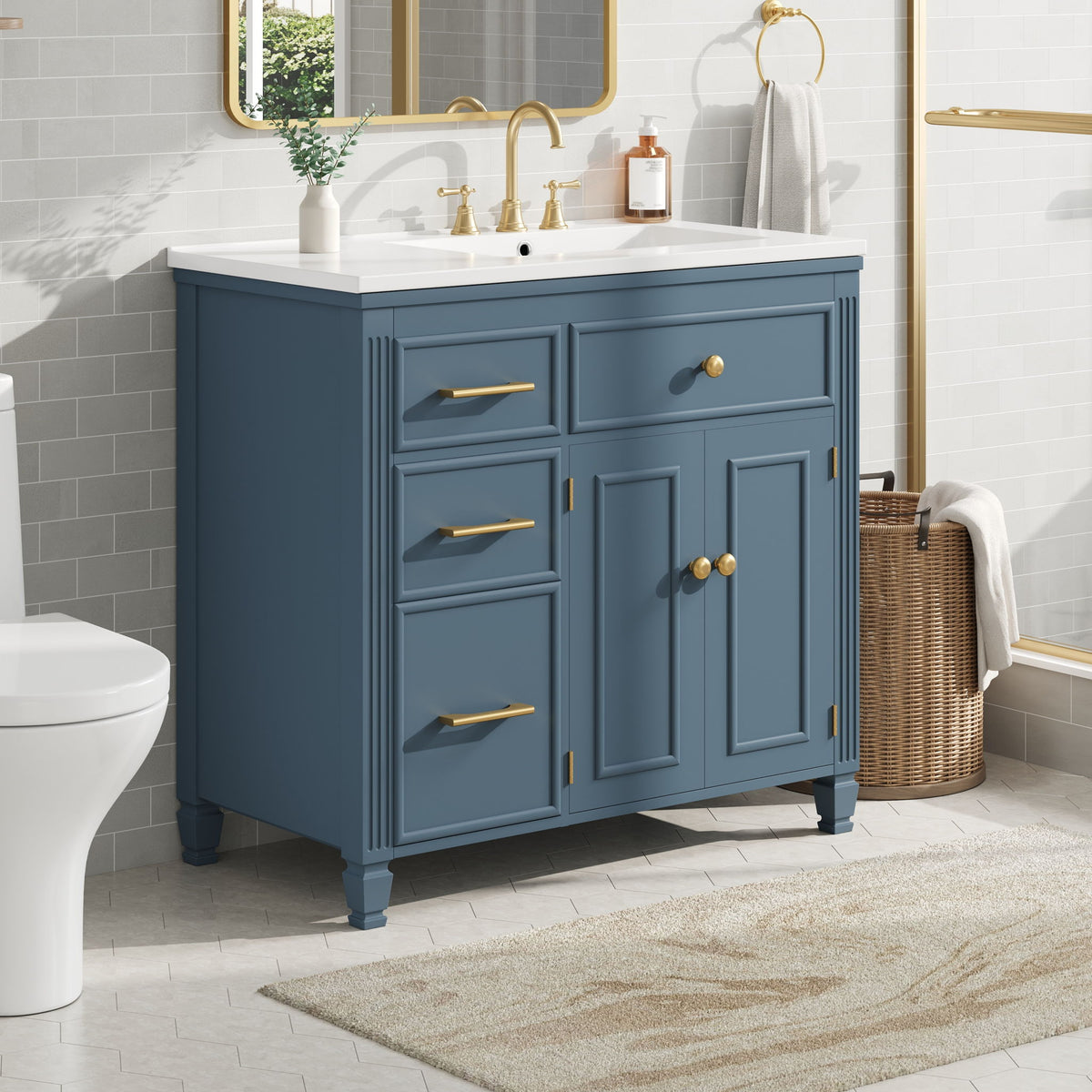 Blue bathroom vanity with sink and countertop, 3 drawers, 2 doors, gold pulls