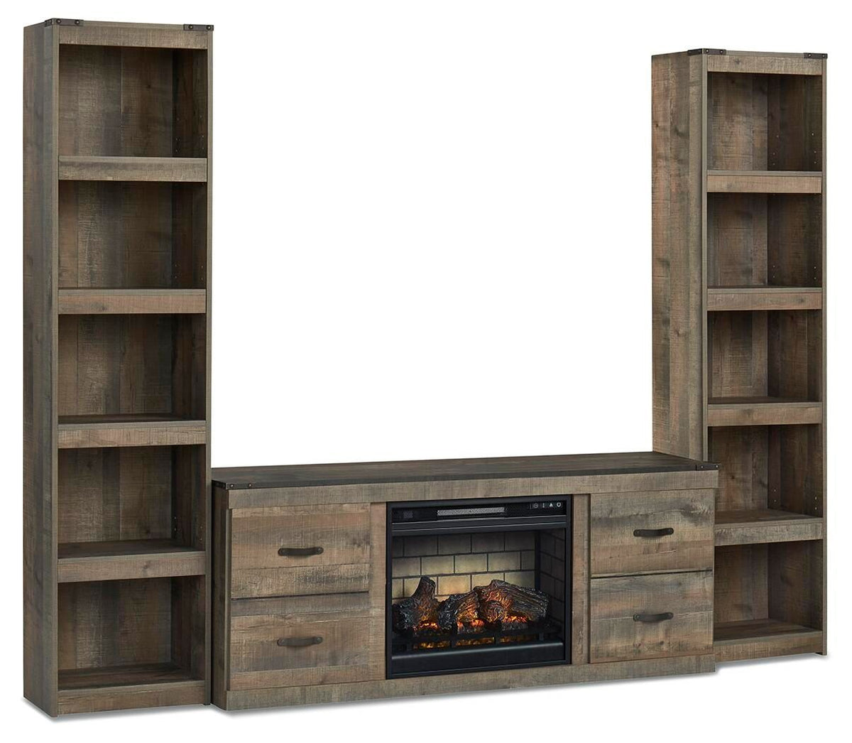 3-piece entertainment center with electric fireplace and open side shelves, brown wood