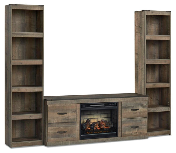 3-piece entertainment center with electric fireplace and open side shelves, brown wood