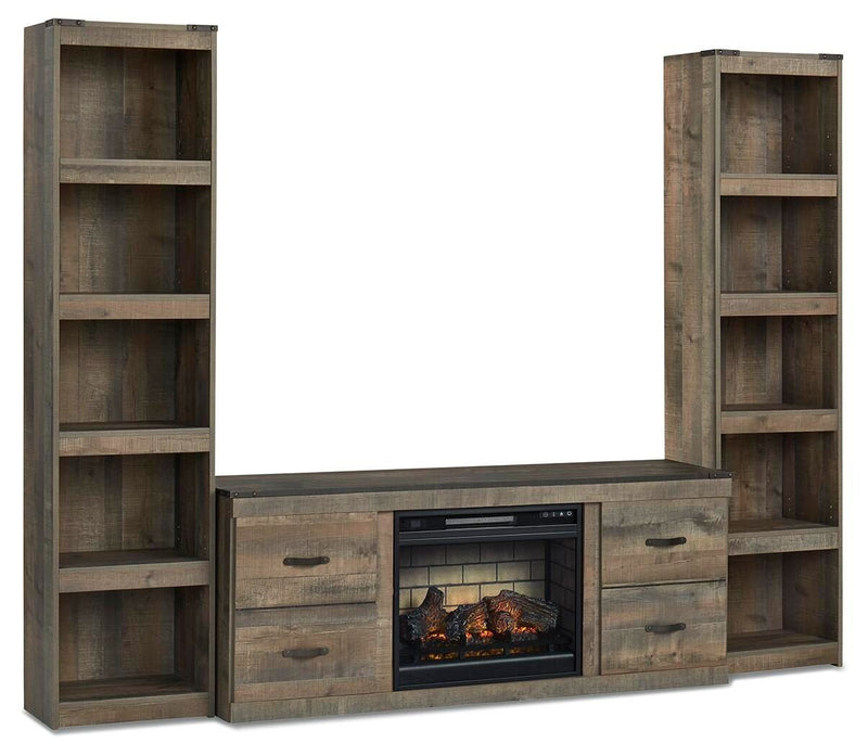 3-piece entertainment center with electric fireplace and open side shelves, brown wood