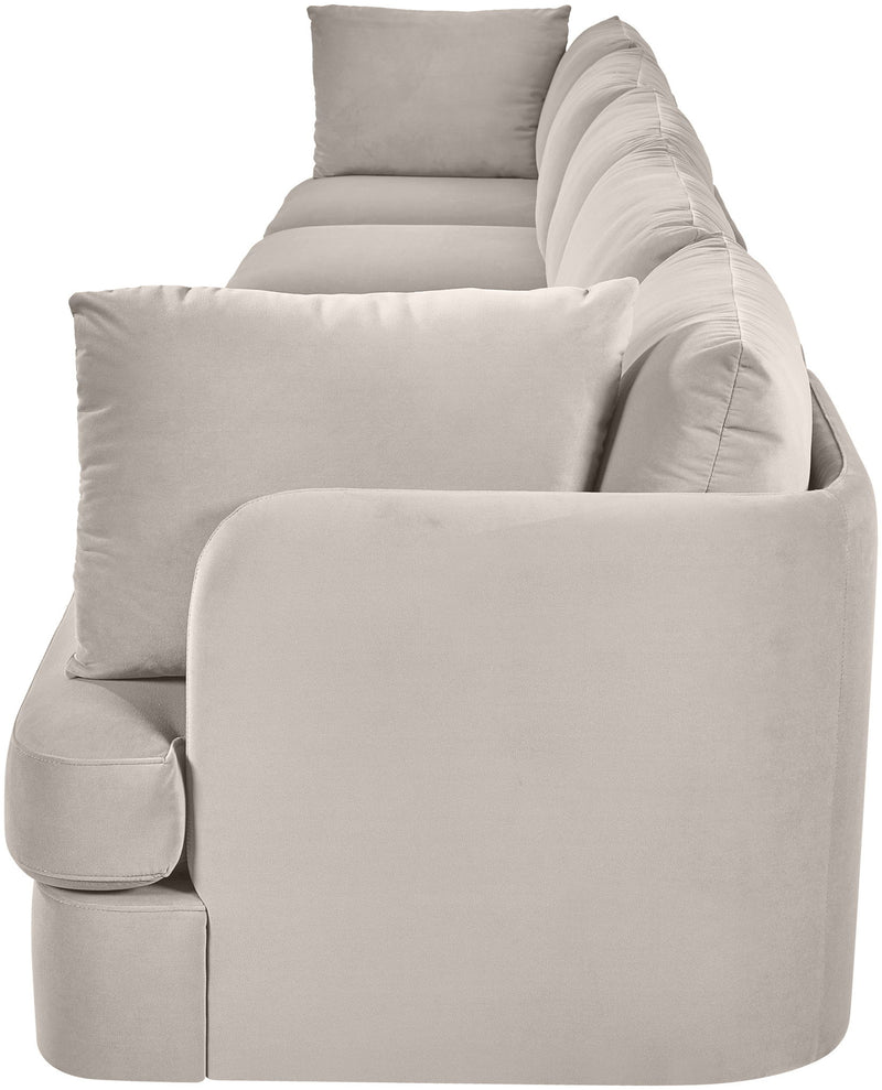 Hammond velvet sectional sofa in light gray, close-up of track arm and seat cushion