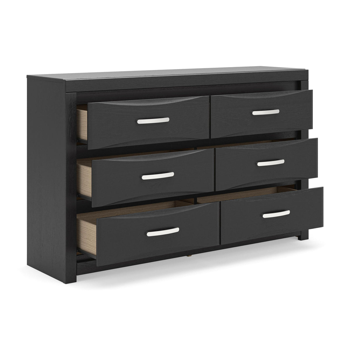 Black six-drawer dresser with side open drawers showing light interior panels.