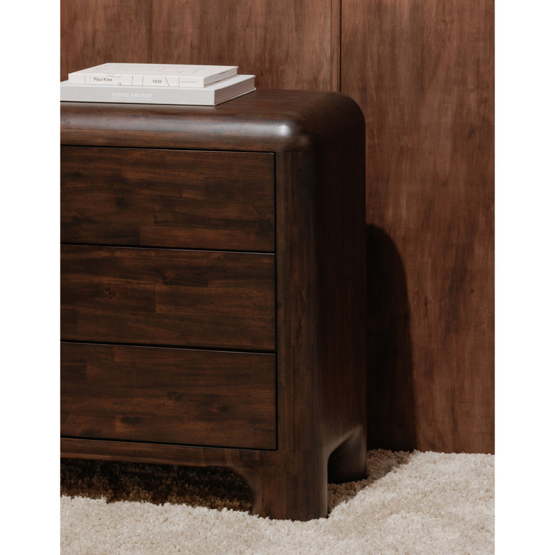 Dark brown six-drawer dresser, side view with stacked drawers and rounded legs