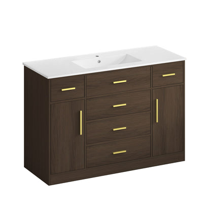Dark brown bathroom vanity with white top, integrated sink, 2 doors and 6 drawers
