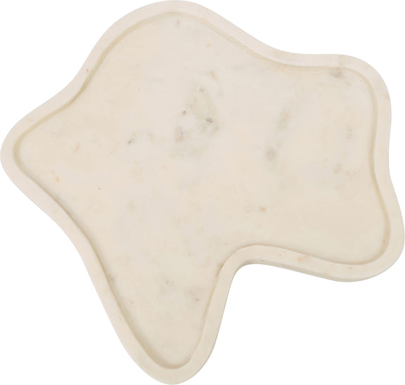 Cream white marble tray with faint speckles and leaf-shaped outline.
