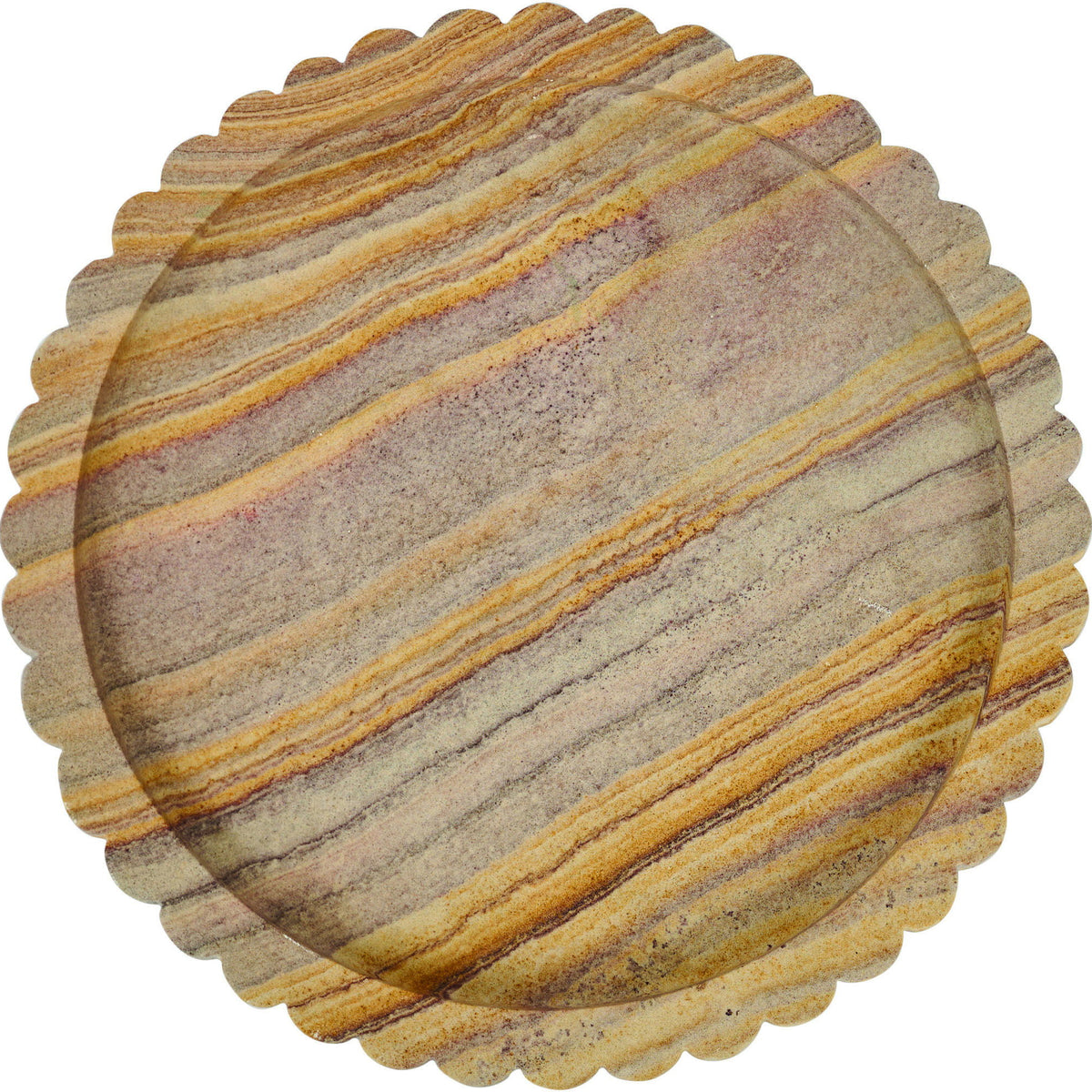Round sandstone tray with scalloped border and bold horizontal stripe pattern