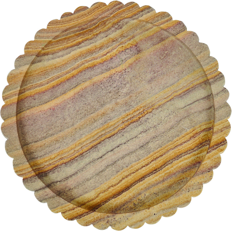 Round sandstone tray with scalloped border and bold horizontal stripe pattern