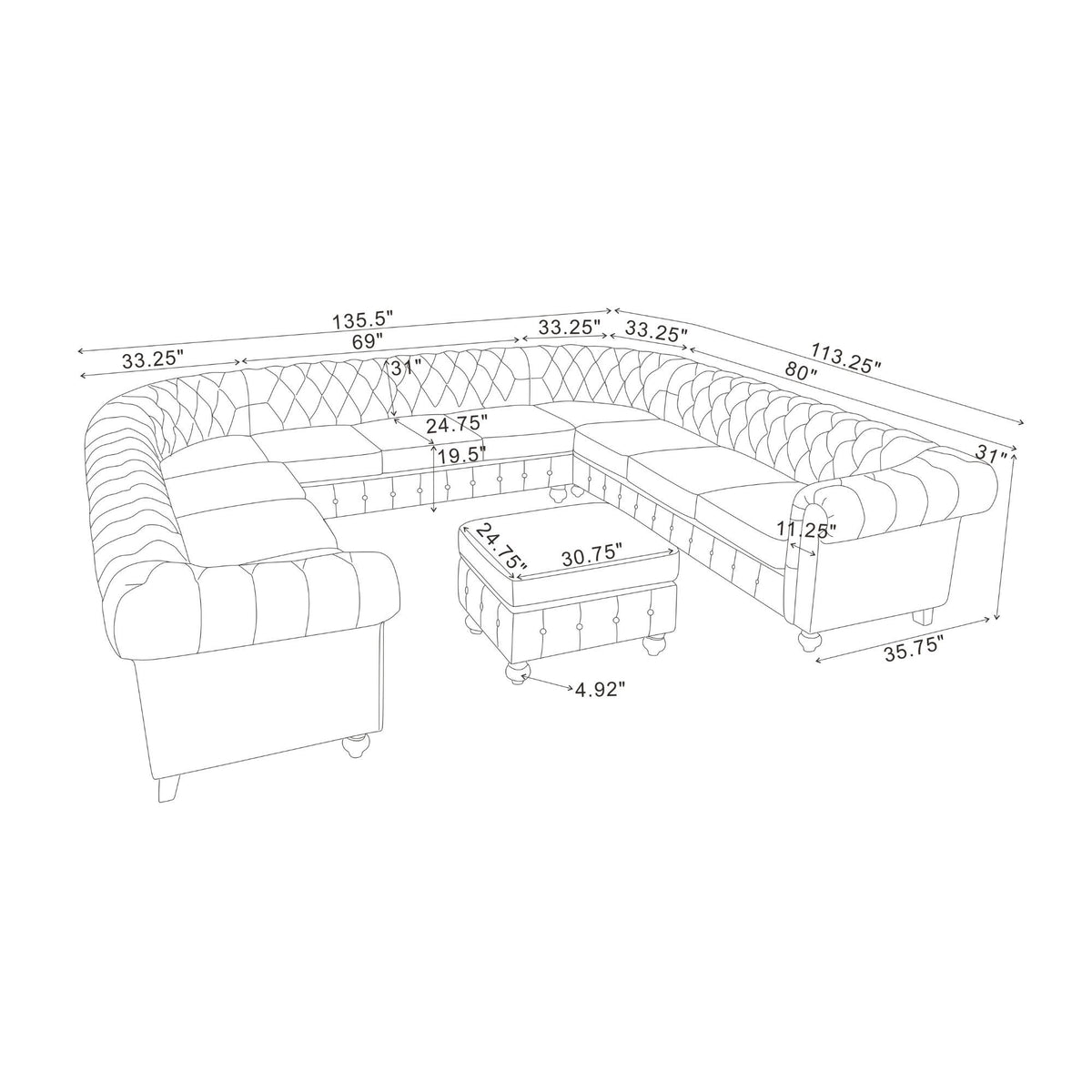 U-shape sectional sofa layout diagram with corner and center ottoman measurements
