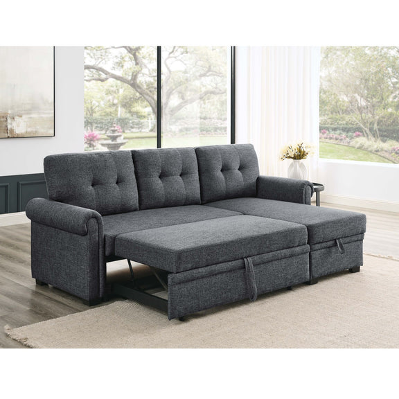 Tufted dark gray sleeper sofa with extended chaise bed and storage chaise base