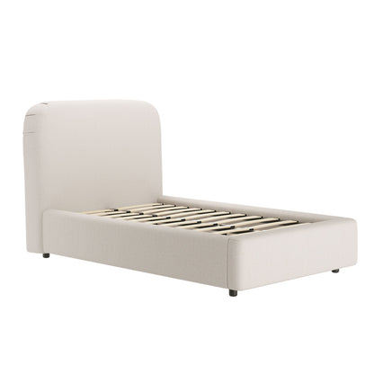 Light beige upholstered bed with rounded headboard and metal slat support base